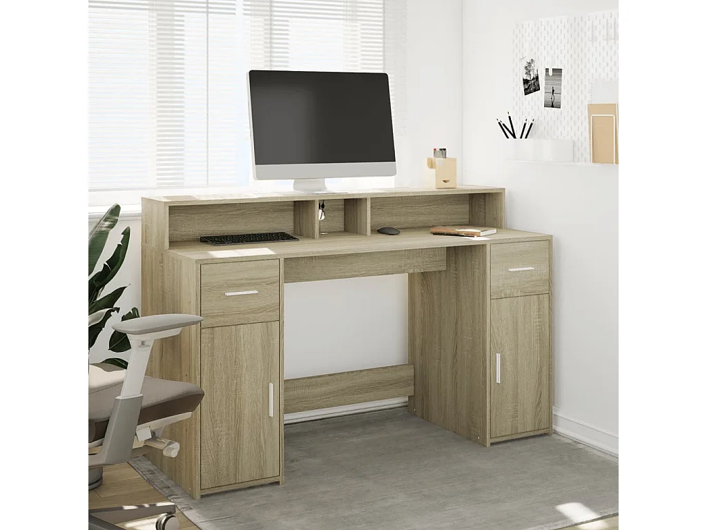 Bureau avec lumières LED chêne sonoma bois d'ingénierie