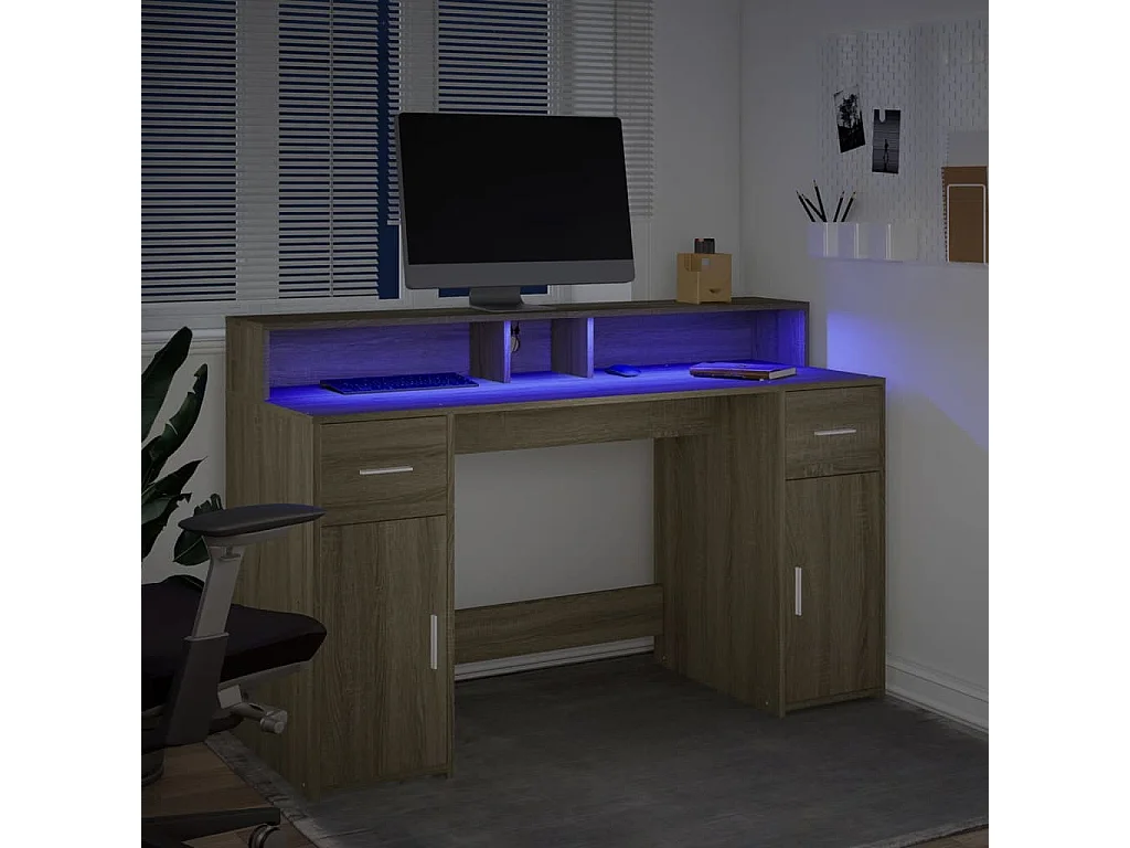 Bureau avec lumières LED chêne sonoma bois d'ingénierie
