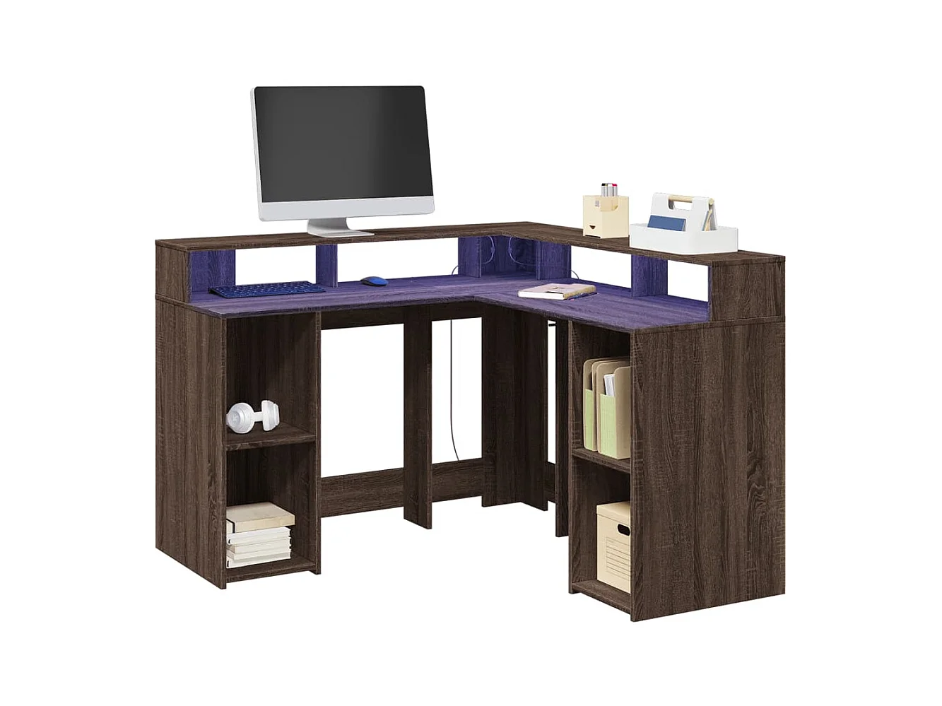 Escritorio con LED madera ingeniería marrón roble 130x130x91 cm