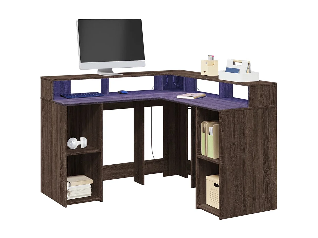 Escritorio con LED madera ingeniería marrón roble 130x130x91 cm