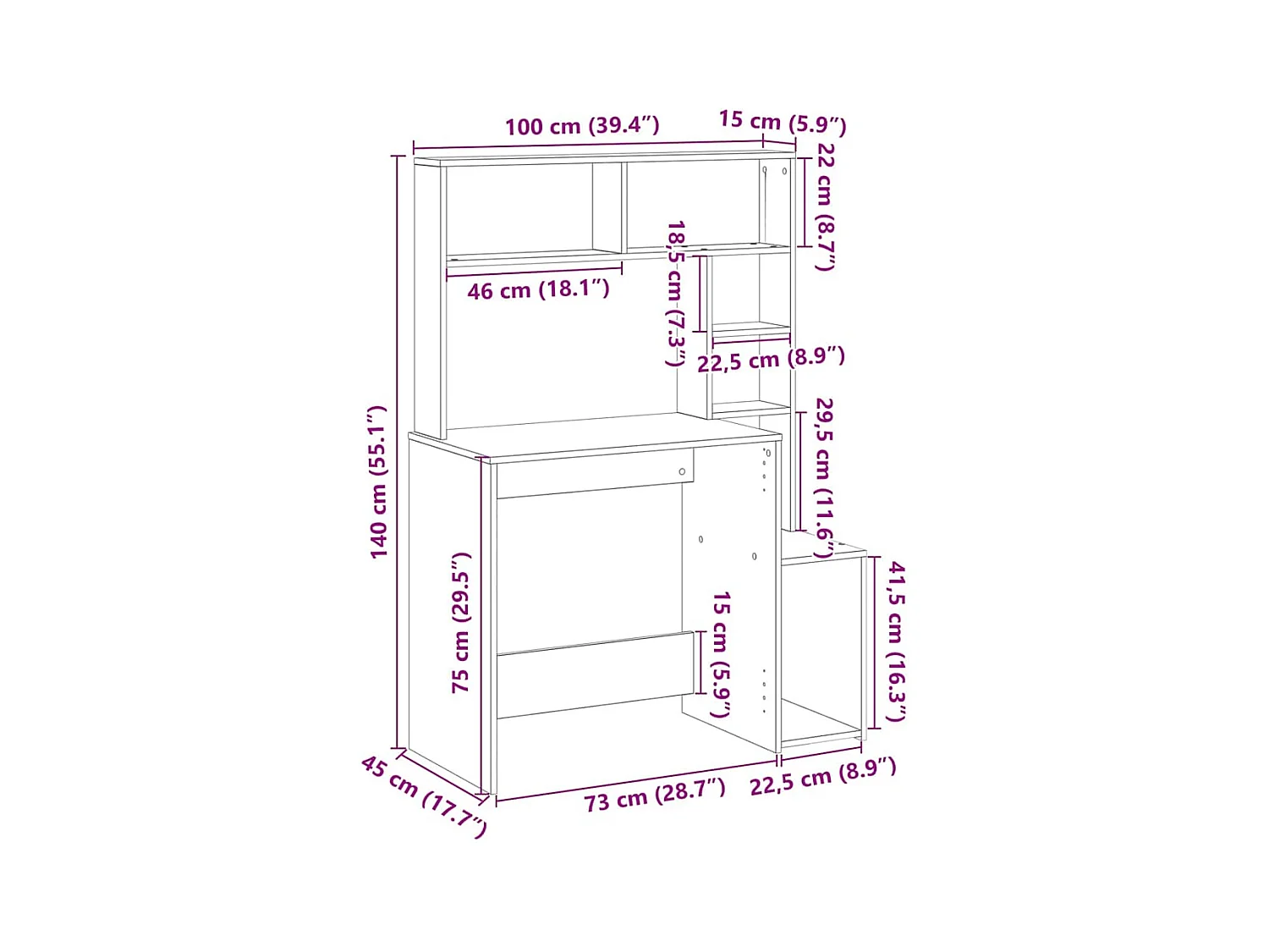 Bureau avec étagères blanc 100x45x140 cm bois d'ingénierie
