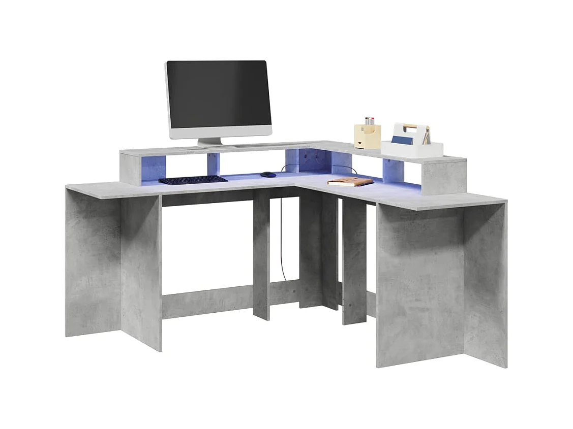 Bureau et lumières LED gris béton 152x152x91cm bois ingénierie