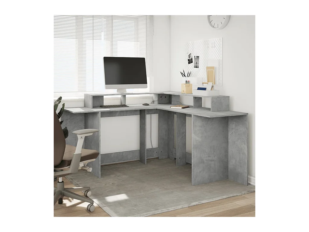 Bureau et lumières LED gris béton 152x152x91cm bois ingénierie
