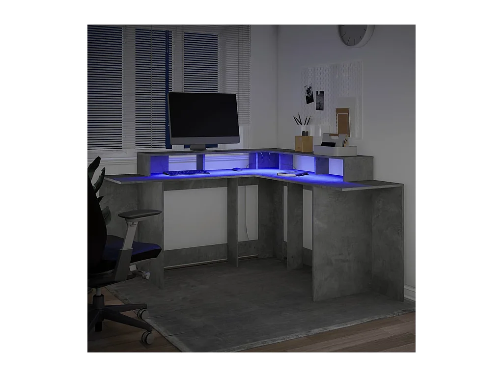 Bureau et lumières LED gris béton 152x152x91cm bois ingénierie