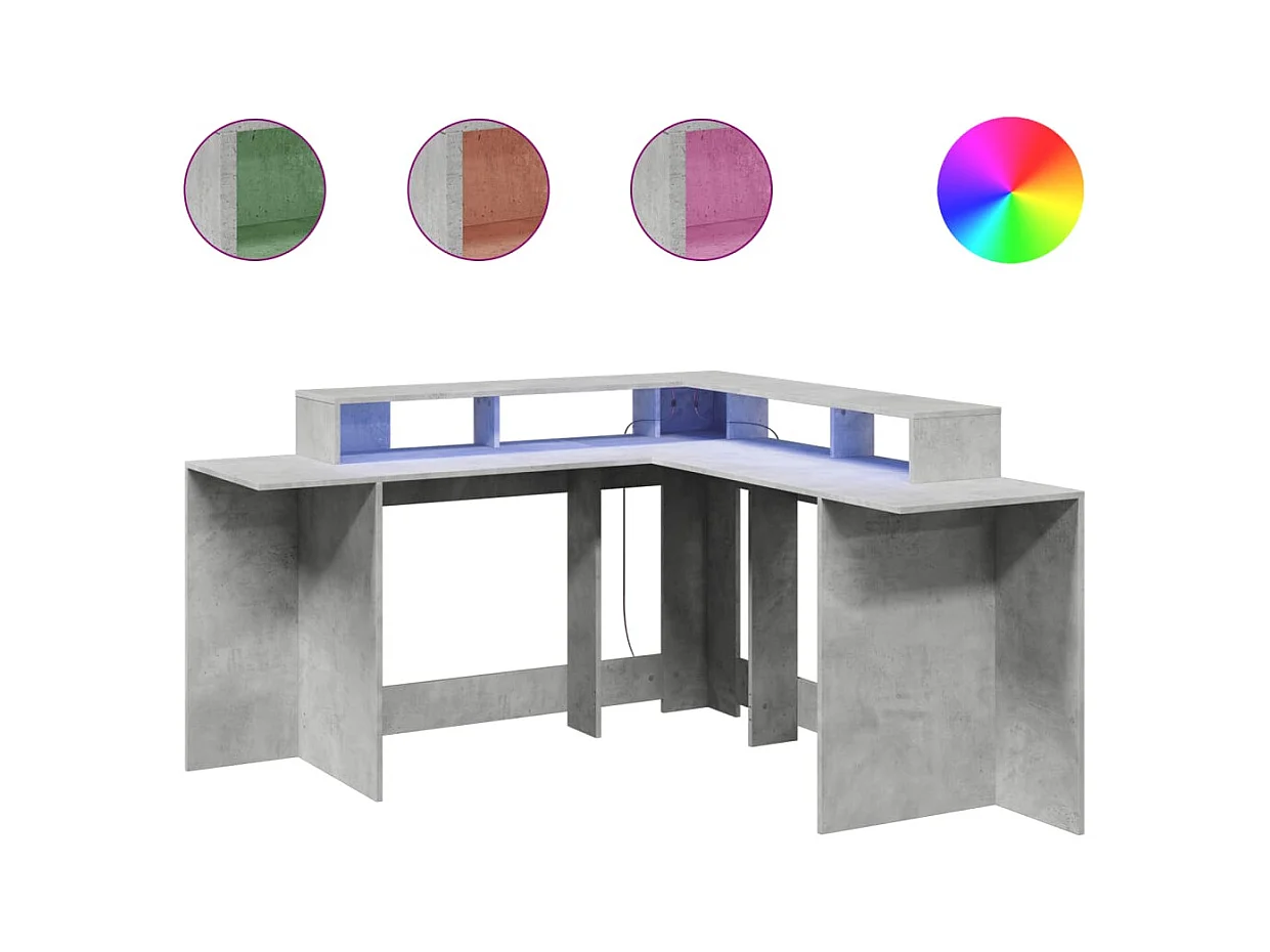 Bureau et lumières LED gris béton 152x152x91cm bois ingénierie