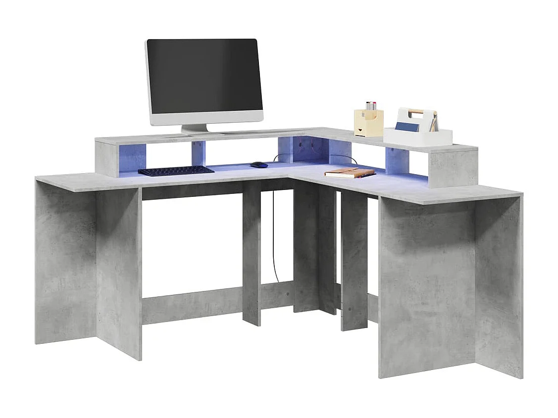 Bureau et lumières LED gris béton 152x152x91cm bois ingénierie