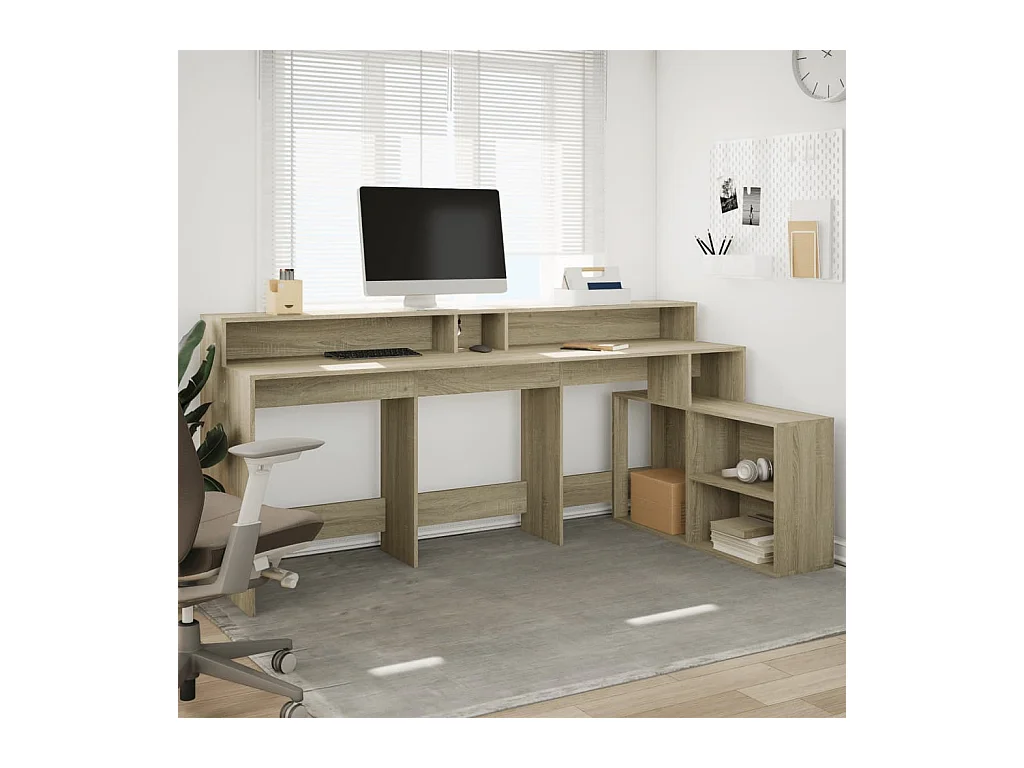 Bureau avec lumières LED chêne sonoma bois d'ingénierie