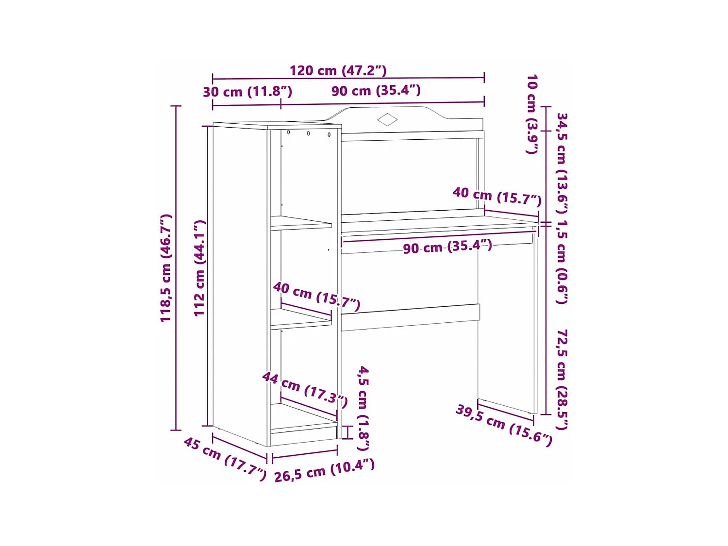 Bureau tableau noir Blanc et gris 120 x 45 x 118.5 cm