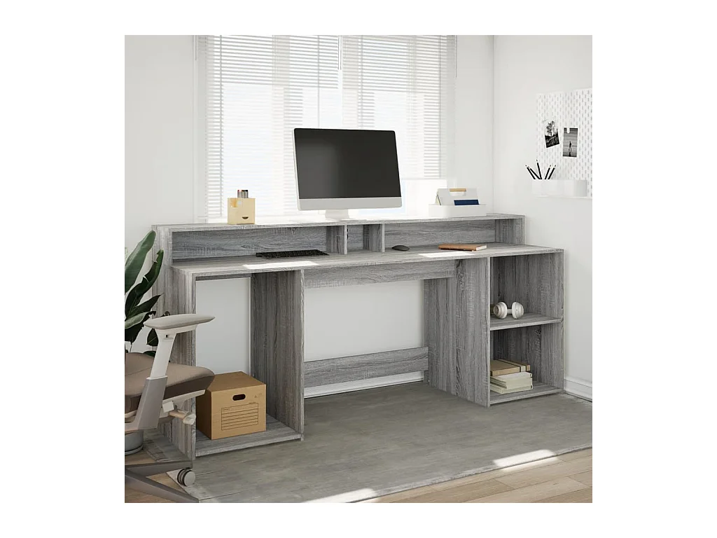 Bureau et lumières LED sonoma gris 200x55x91 cm bois ingénierie
