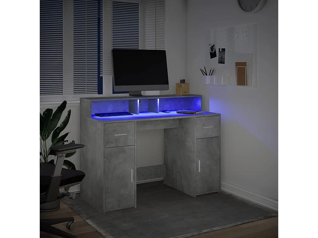 Bureau et lumières LED gris béton 120x55x91cm bois d'ingénierie