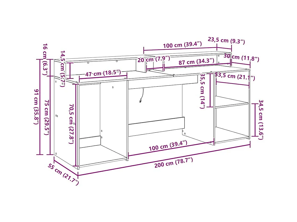 Bureau met lade Zwart eiken 200 x 55 x 91 cm Bewerkt hout