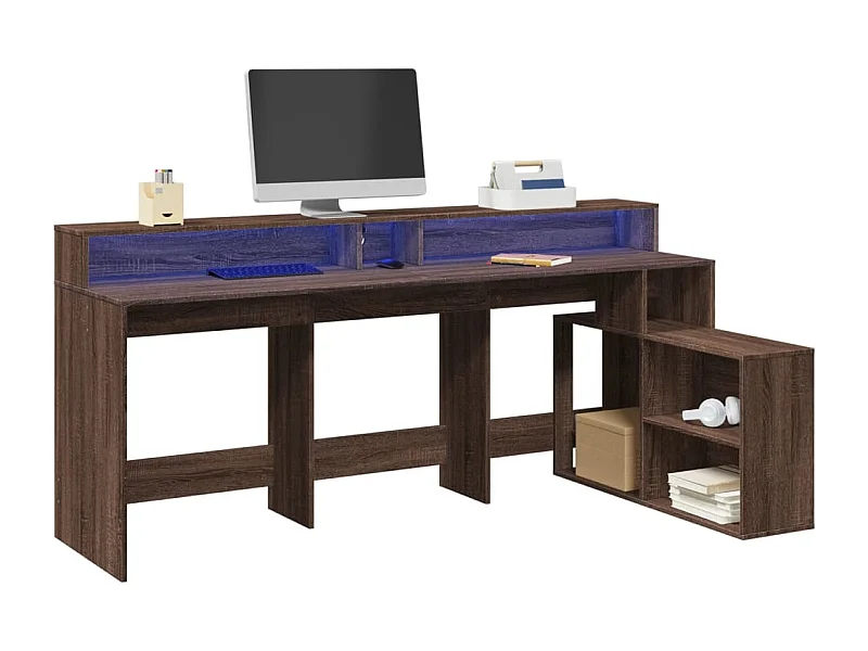 Bureau et lumières LED chêne marron bois d'ingénierie