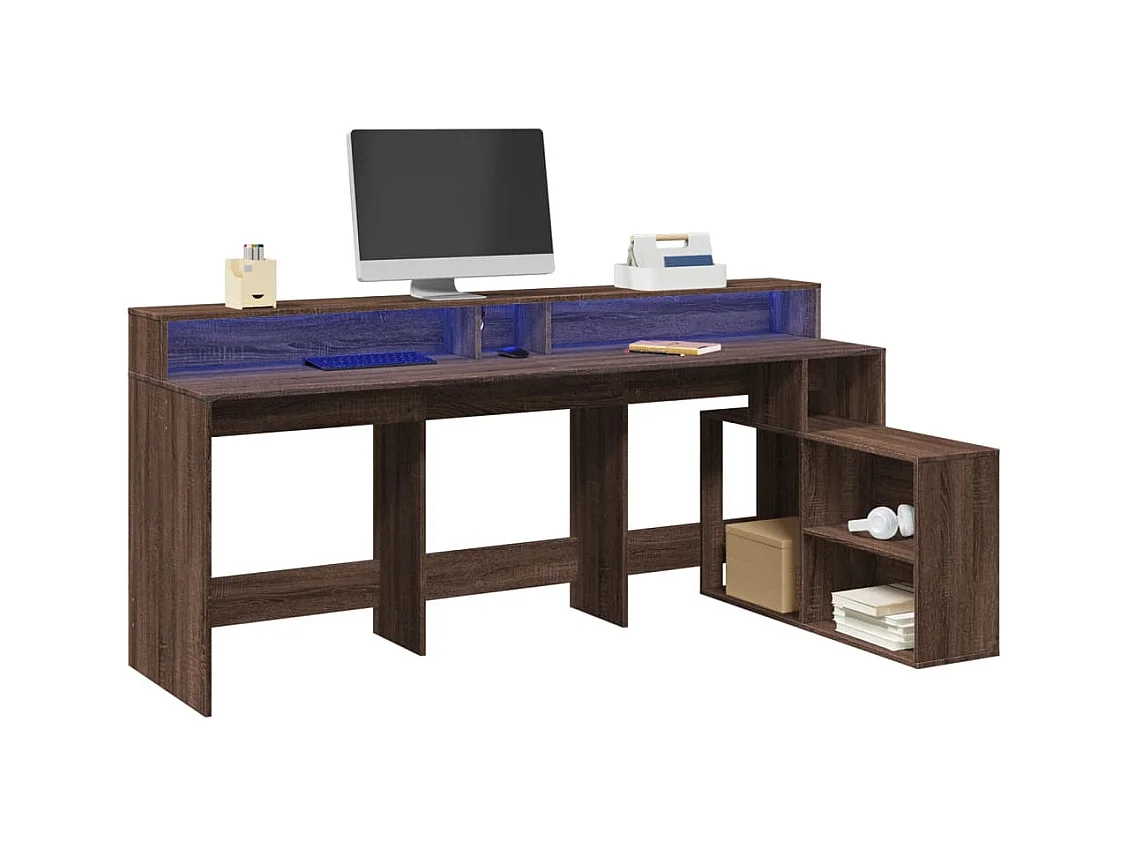 Bureau et lumières LED chêne marron bois d'ingénierie