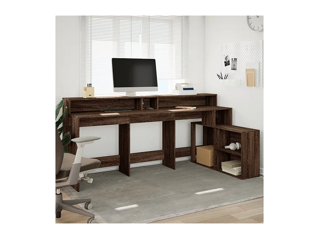 Bureau et lumières LED chêne marron bois d'ingénierie