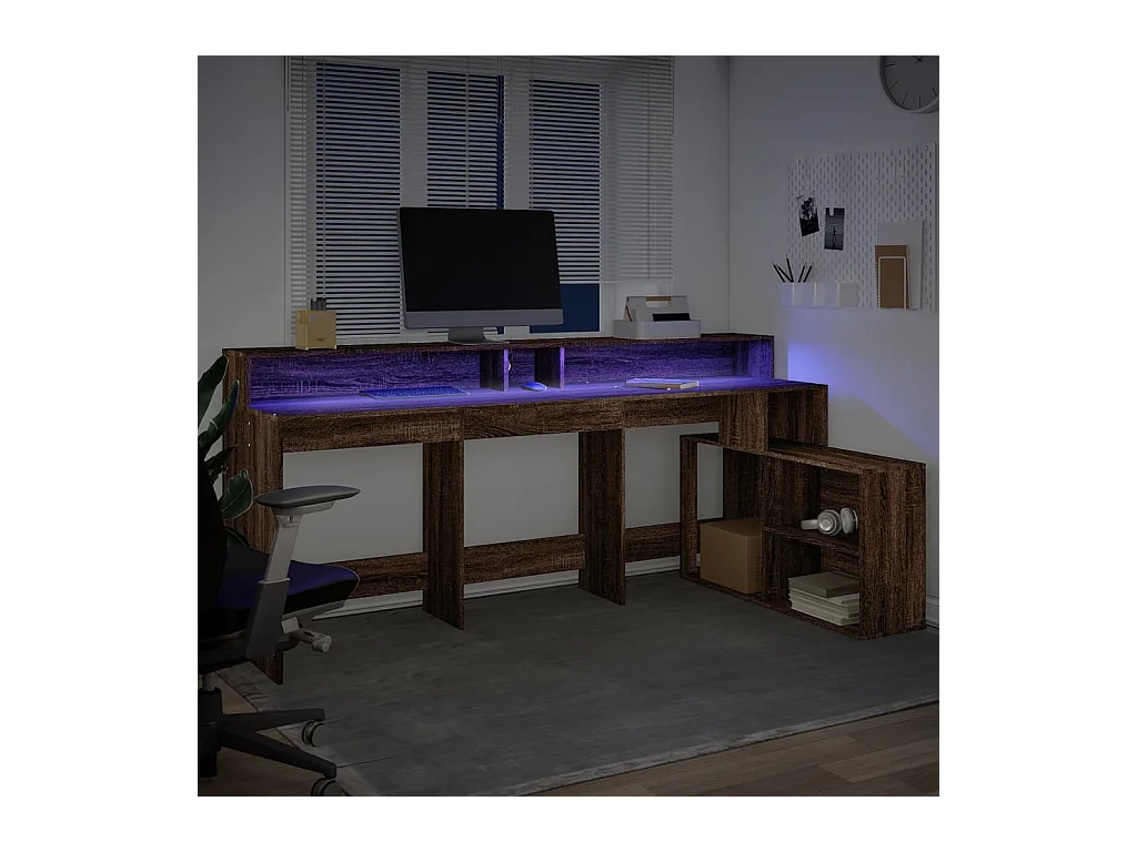 Bureau et lumières LED chêne marron bois d'ingénierie