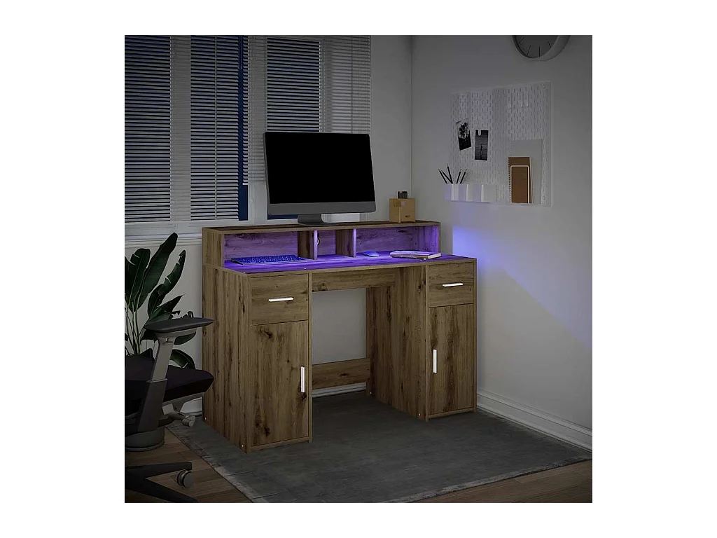 Bureau avec lumières LED chêne artisanal bois d'ingénierie
