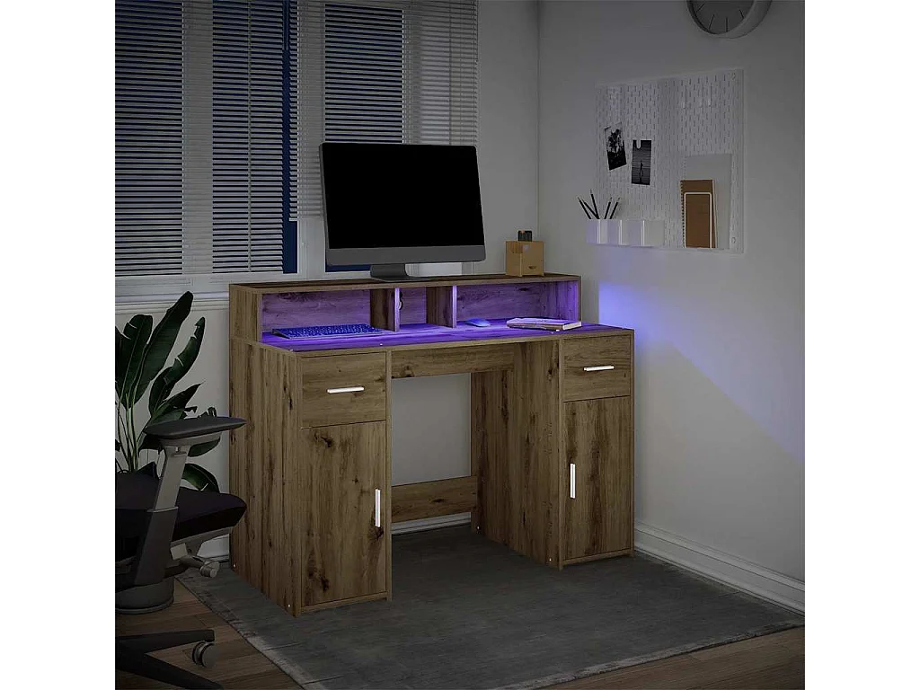 Bureau avec lumières LED chêne artisanal bois d'ingénierie
