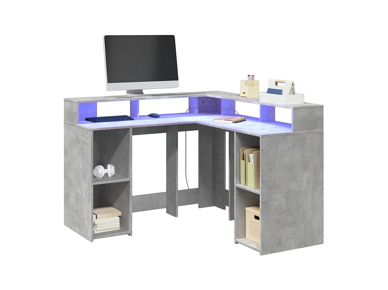 Bureau et lumières LED gris béton 130x130x91cm bois ingénierie