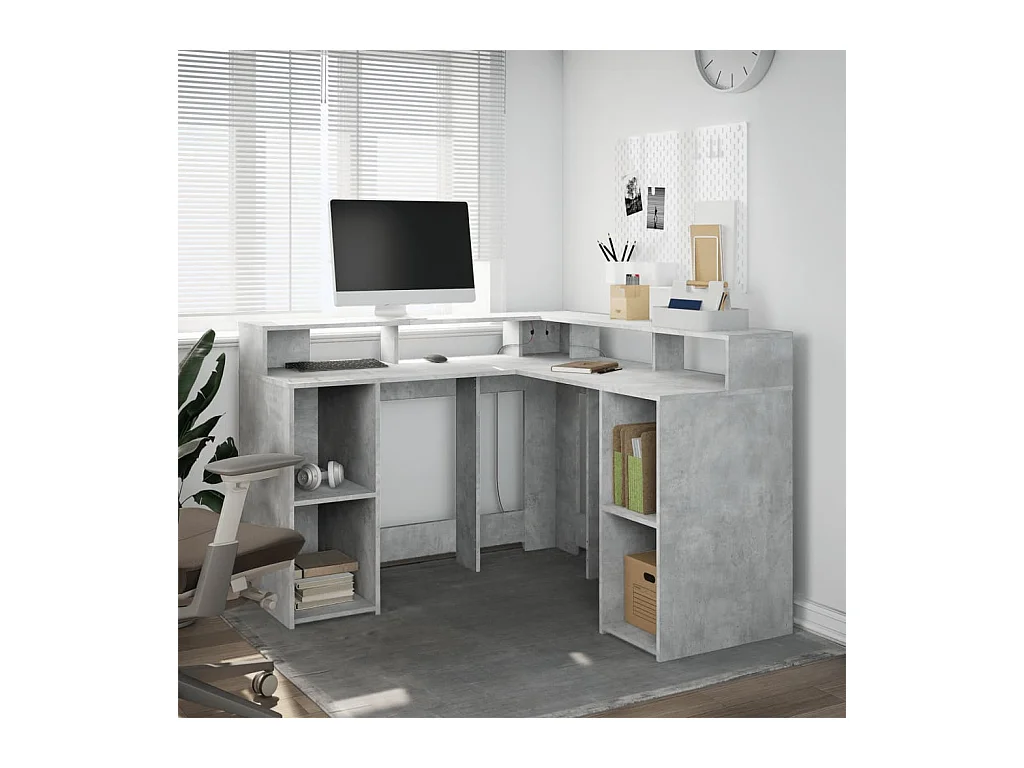 Bureau et lumières LED gris béton 130x130x91cm bois ingénierie