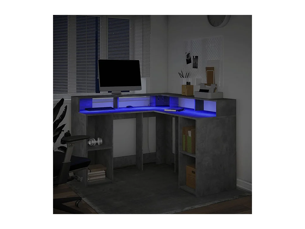 Bureau et lumières LED gris béton 130x130x91cm bois ingénierie