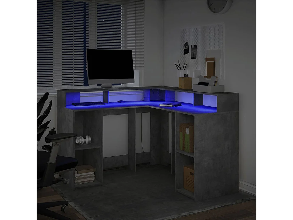 Bureau et lumières LED gris béton 130x130x91cm bois ingénierie