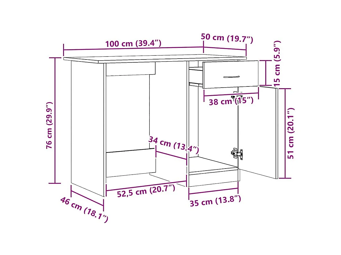 Bureau chêne artisanal 100x50x76 cm bois d'ingénierie