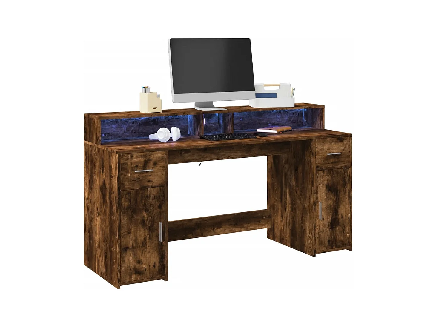 Bureau et lumières LED chêne fumé 160x55x91cm bois d'ingénierie