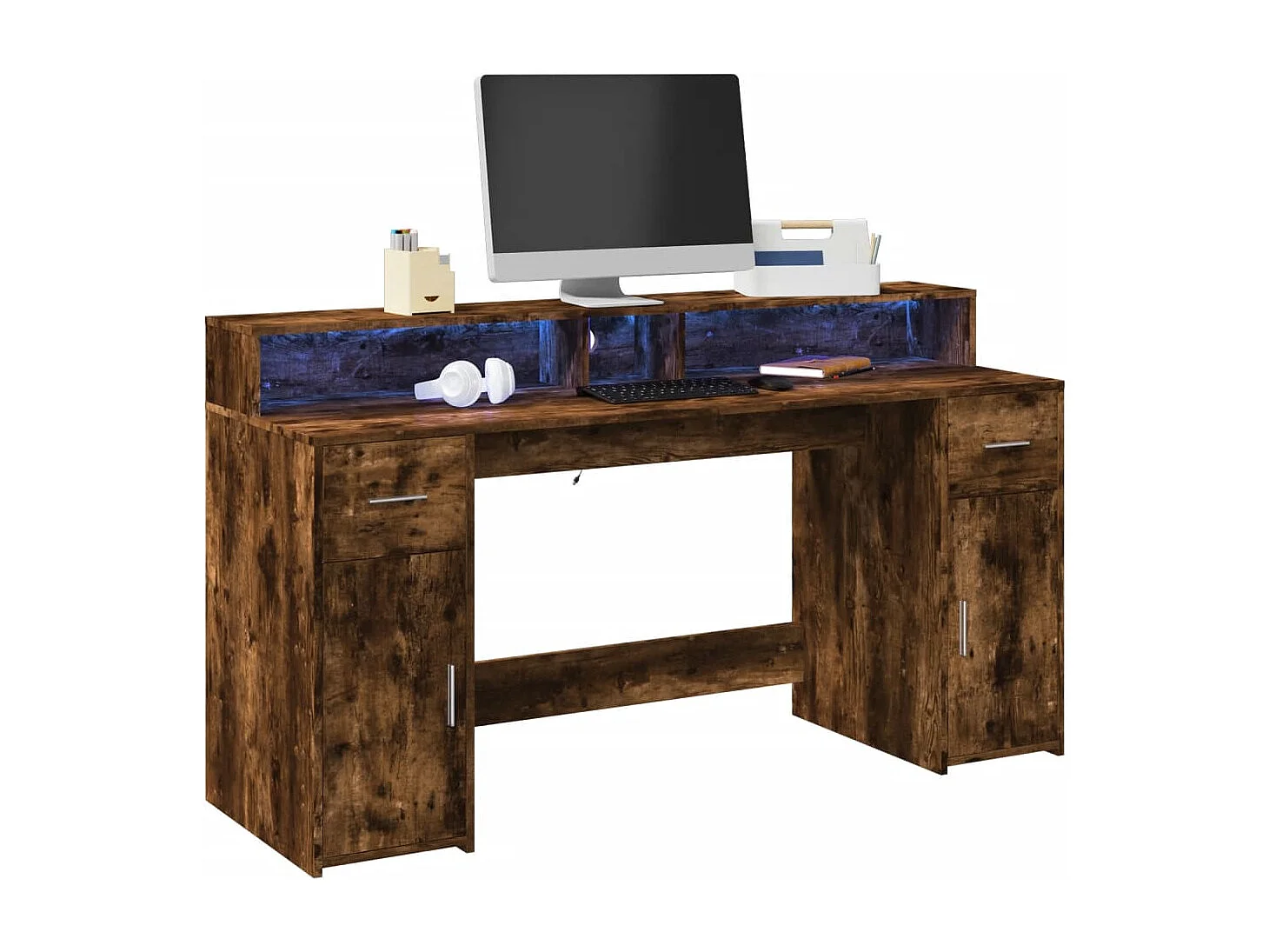 Bureau et lumières LED chêne fumé 160x55x91cm bois d'ingénierie