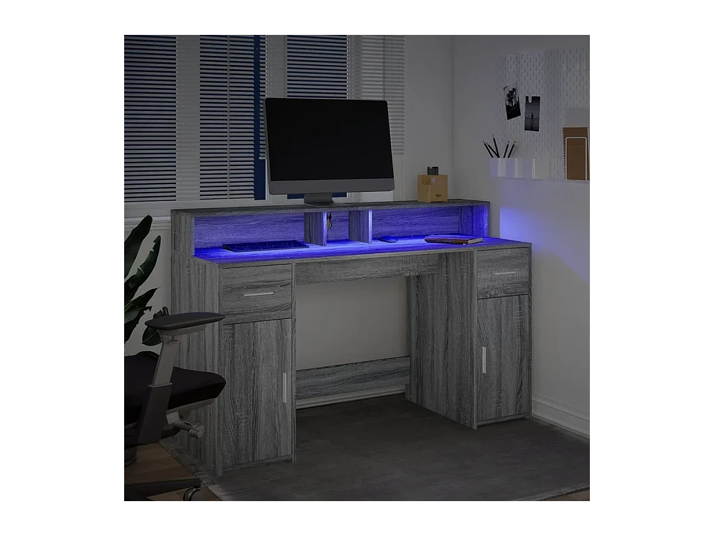 Bureau et lumières LED sonoma gris 140x55x91 cm bois ingénierie