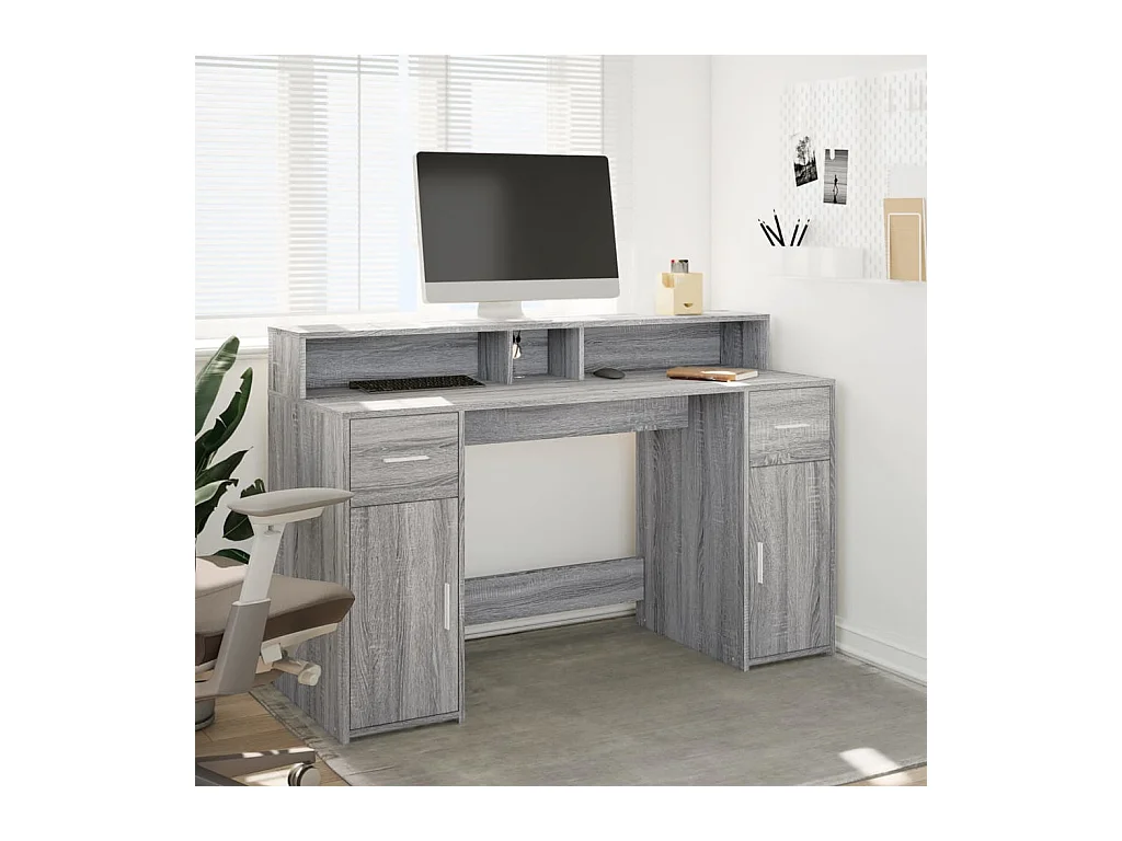 Bureau et lumières LED sonoma gris 140x55x91 cm bois ingénierie