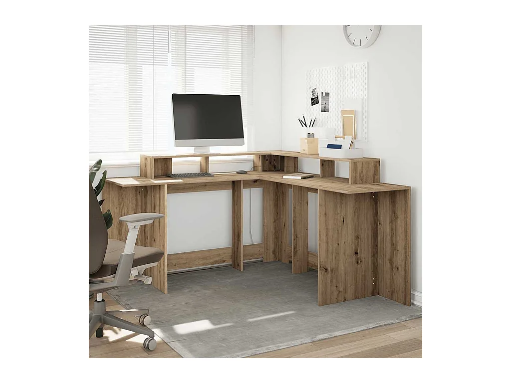 Bureau avec lumières LED chêne artisanal bois d'ingénierie