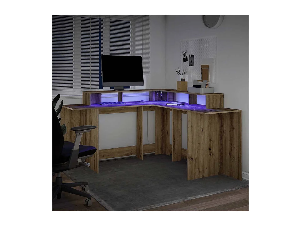 Bureau avec lumières LED chêne artisanal bois d'ingénierie