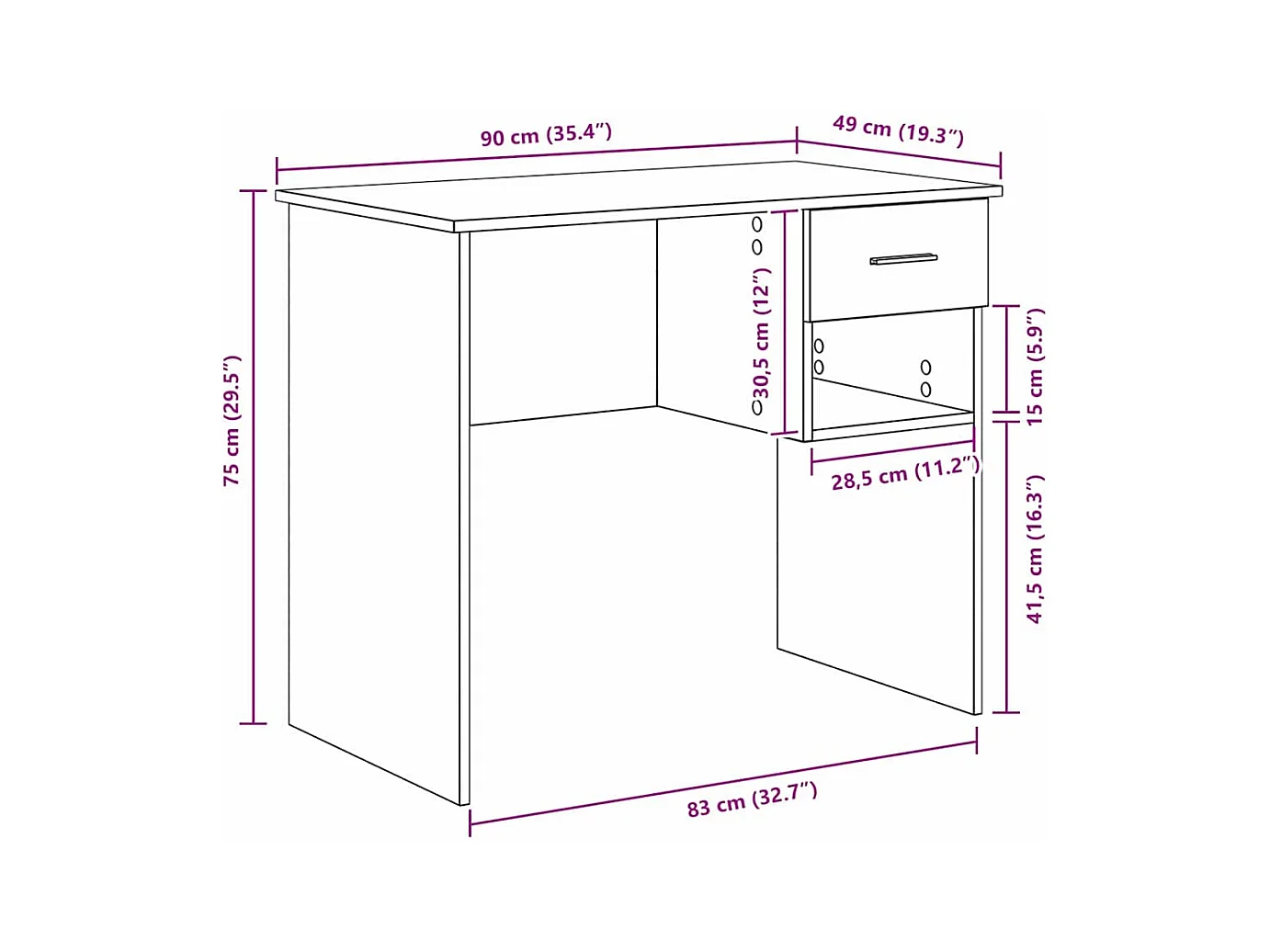 Bureau Sonoma gris 90 x 49.5 x 75 cm Bois d'ingénierie