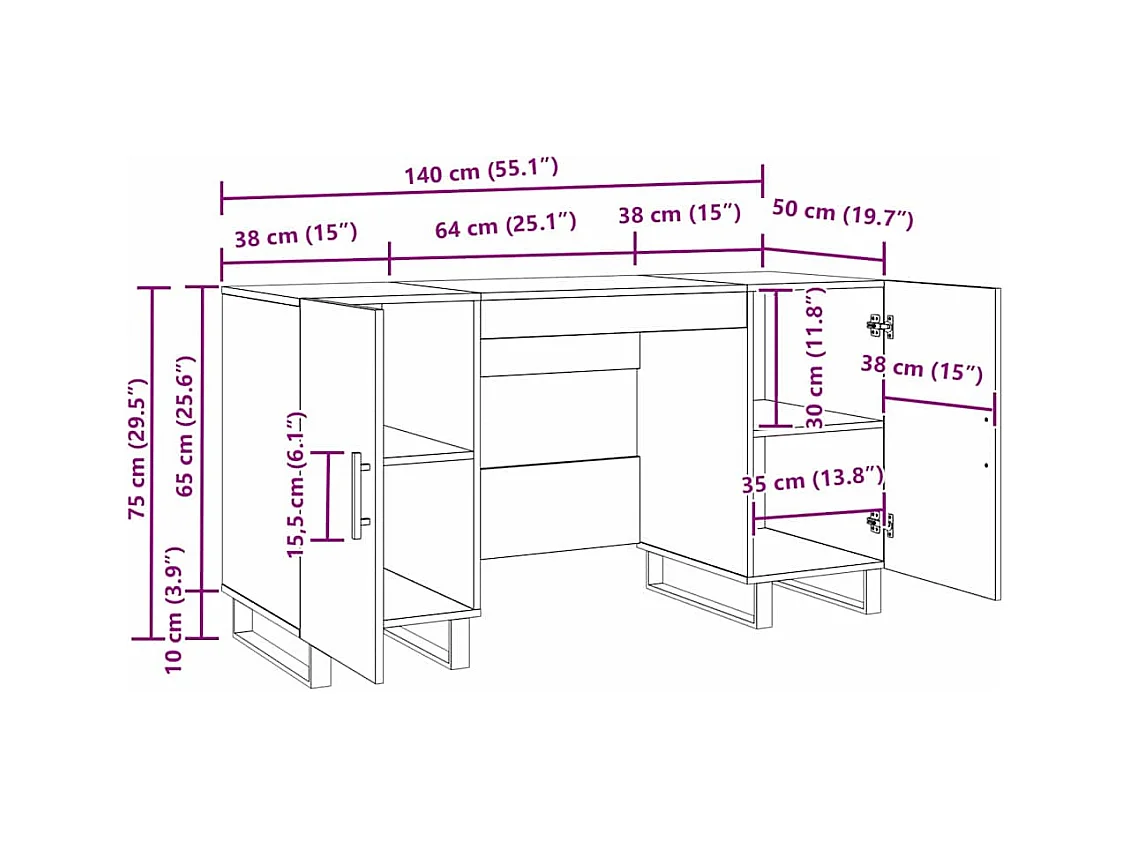 Bureau chêne artisanal 140 x 50 x 75 cm Bois d'ingénierie