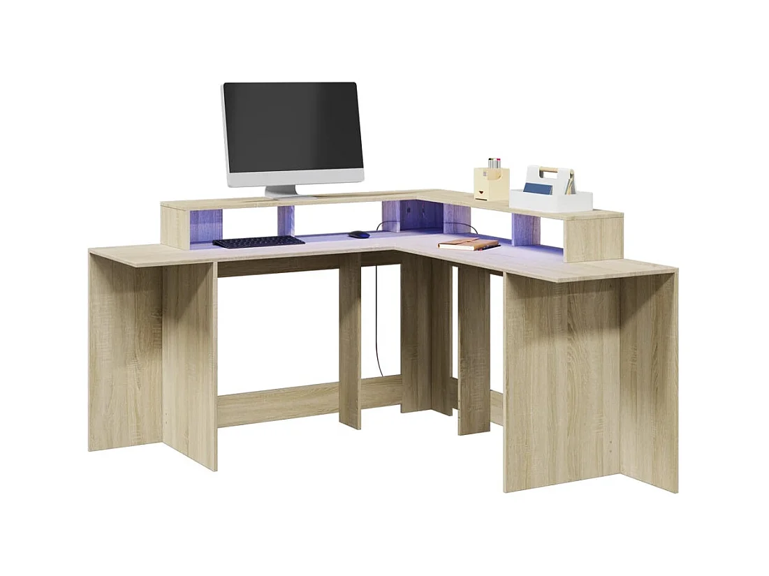 Bureau avec lumières LED chêne sonoma bois d'ingénierie
