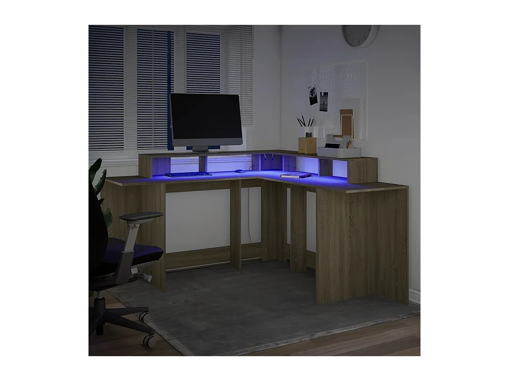Bureau avec lumières LED chêne sonoma bois d'ingénierie