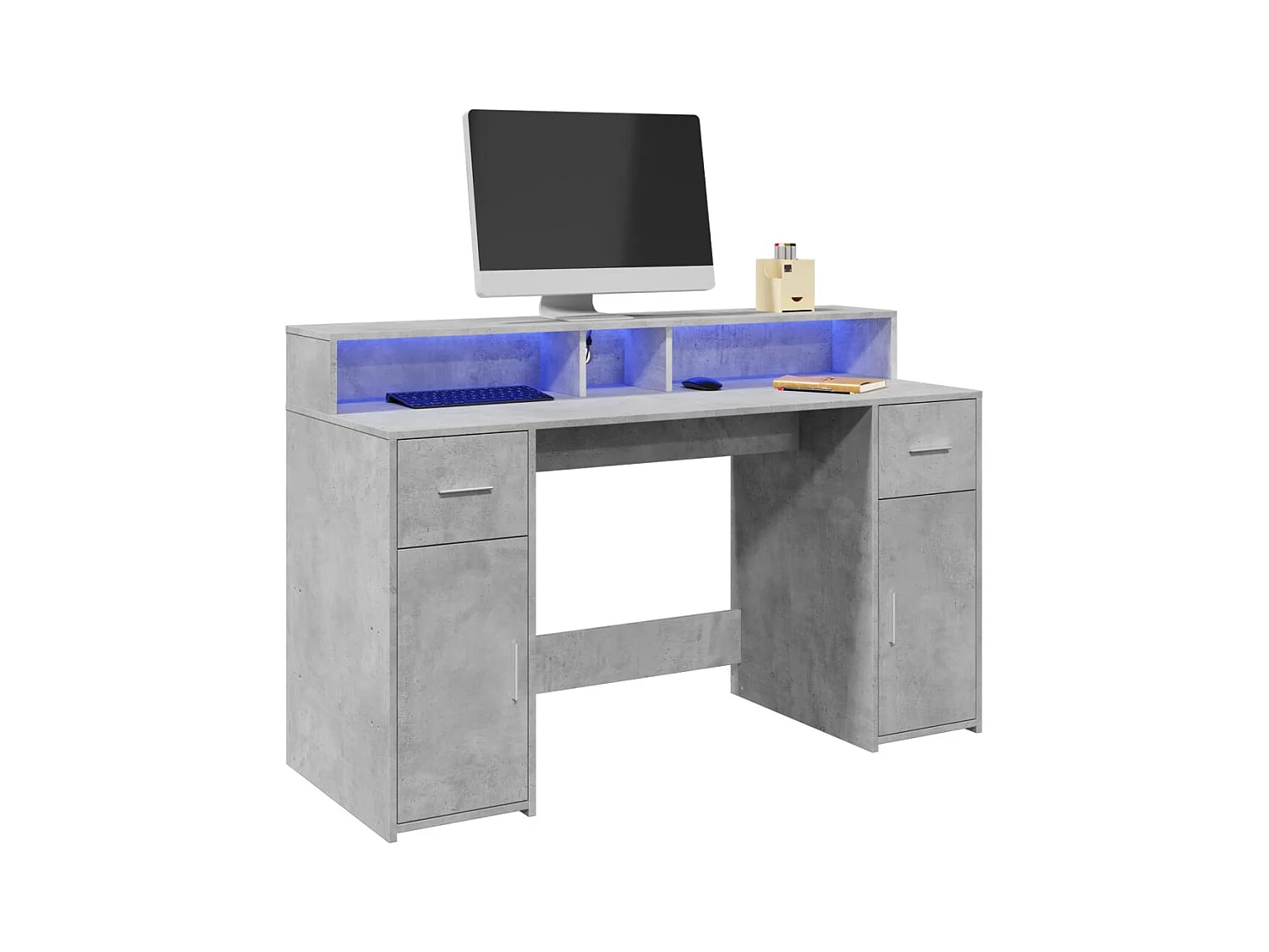 Bureau et lumières LED gris béton 140x55x91cm bois d'ingénierie