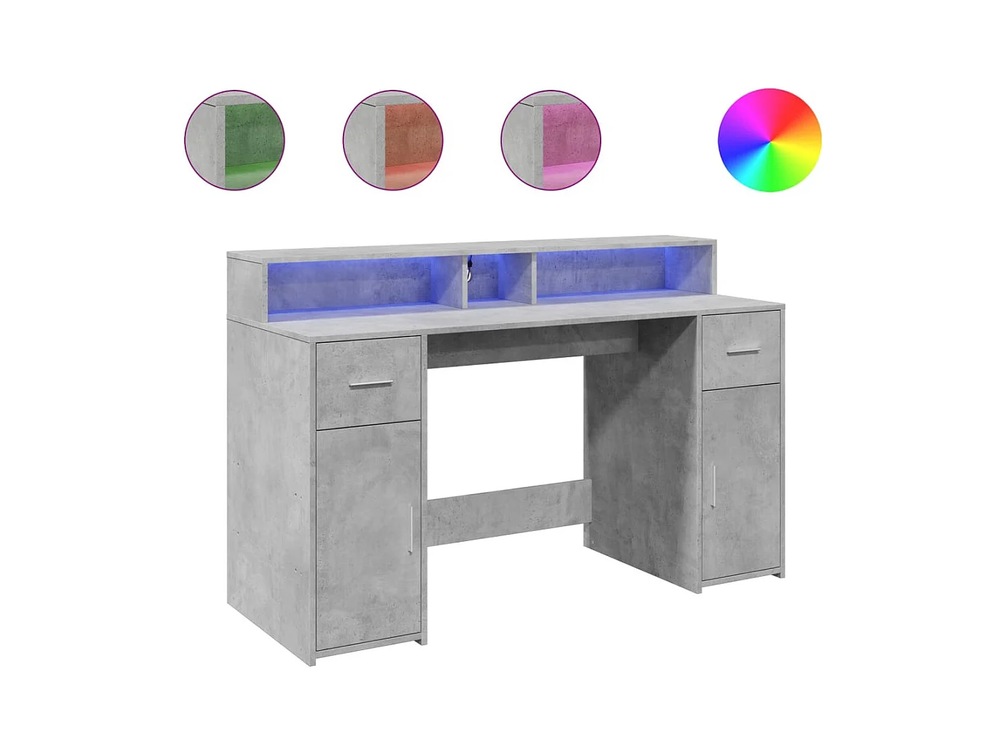 Bureau et lumières LED gris béton 140x55x91cm bois d'ingénierie