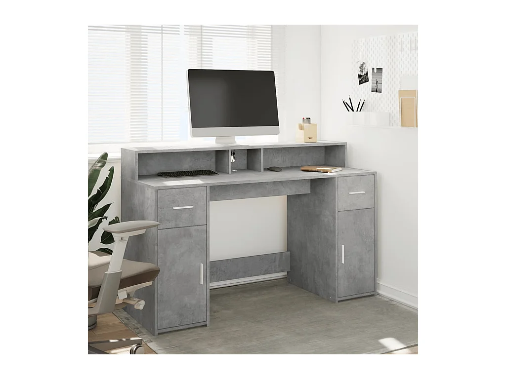 Bureau et lumières LED gris béton 140x55x91cm bois d'ingénierie