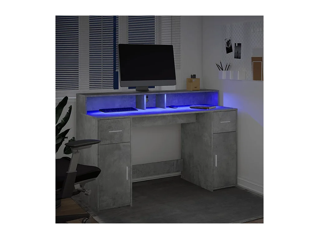 Bureau et lumières LED gris béton 140x55x91cm bois d'ingénierie