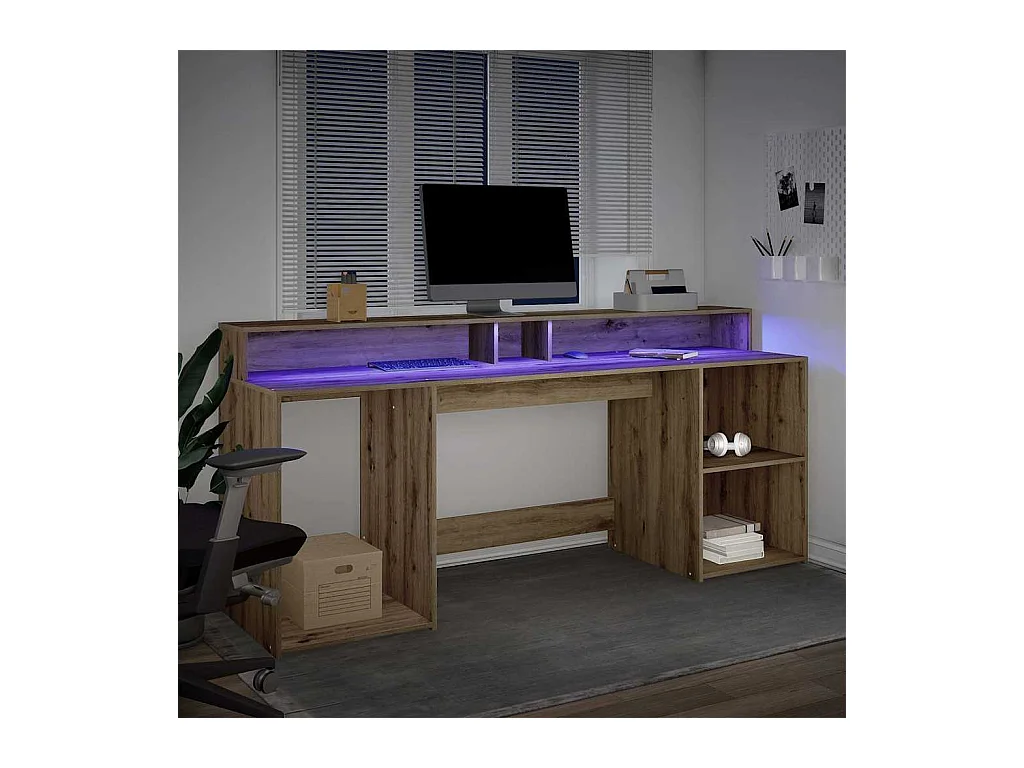 Bureau avec lumières LED chêne artisanal bois d'ingénierie