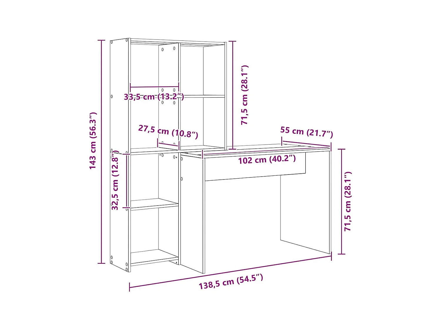 Bureau Gris béton 138.5 x 55 x 143 cm Bois d'ingénierie