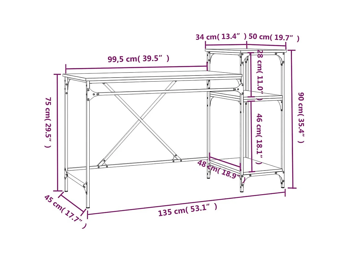 Bureau et étagères chêne sonoma 135x50x90cm bois ingénierie/fer