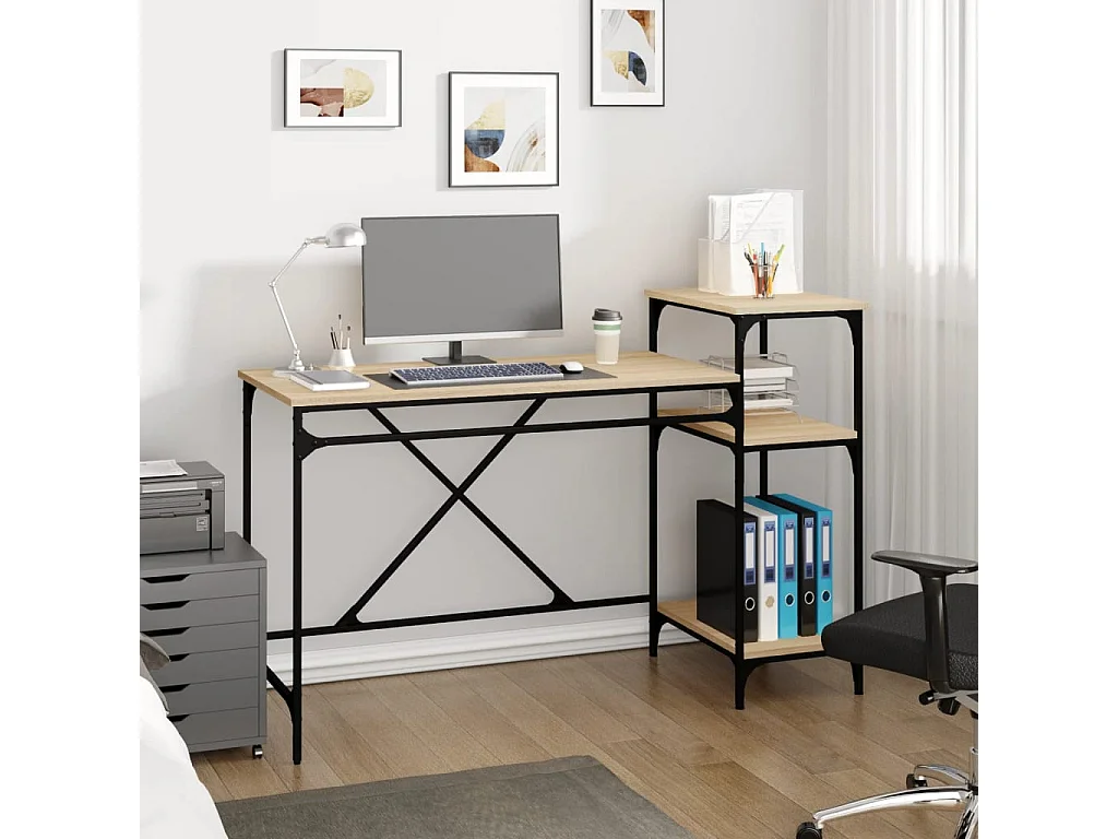 Bureau et étagères chêne sonoma 135x50x90cm bois ingénierie/fer