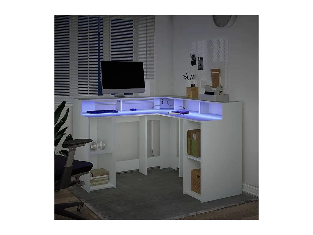 Bureau avec lumières LED blanc 130x130x91 cm bois d'ingénierie