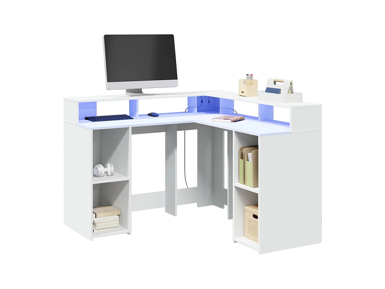 Bureau met LED-verlichting 130x130x91 cm bewerkt hout wit
