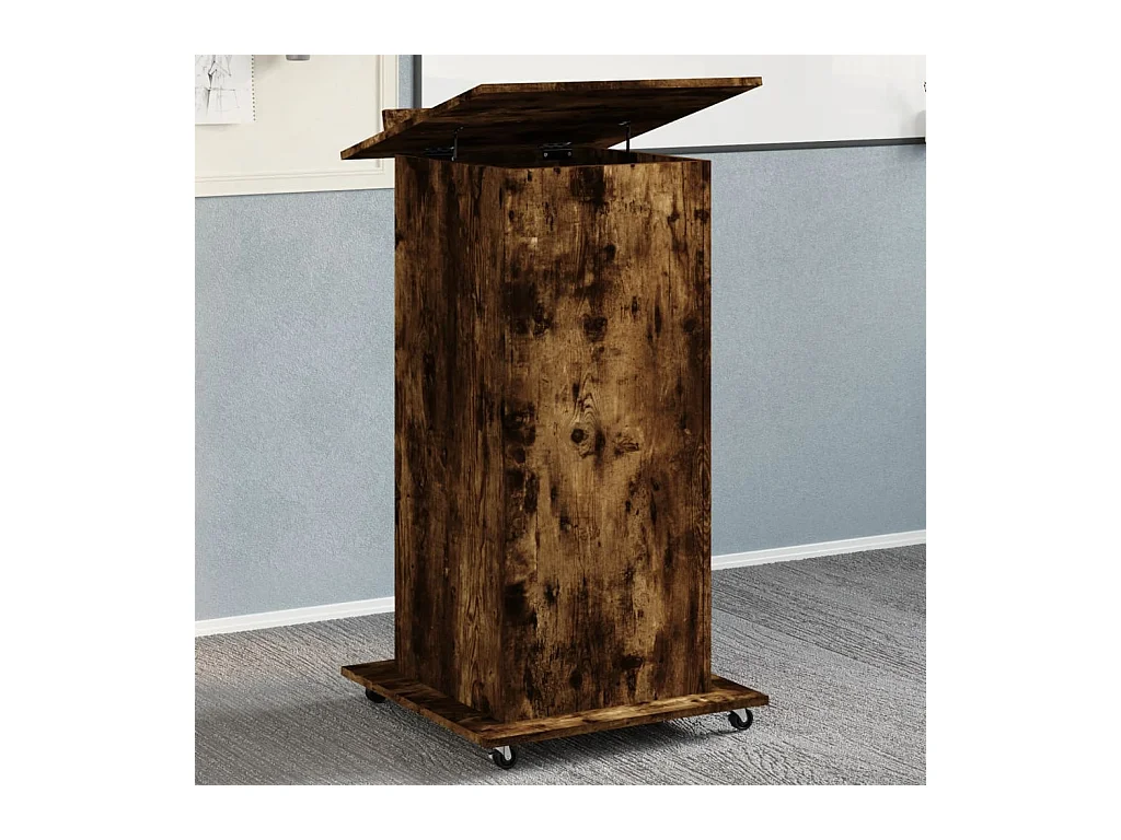 Atril con ruedas y cajón madera roble ahumado 55x55x107 cm