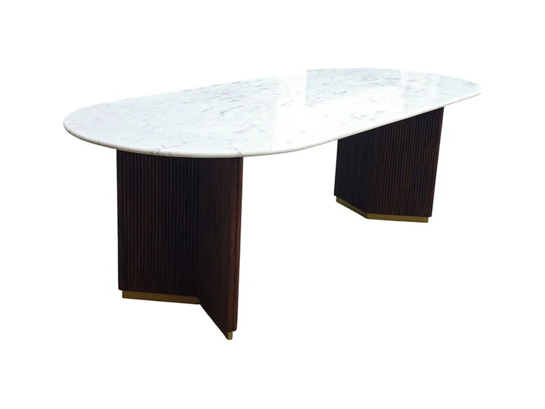 Table de salle à manger ORION – Ovale 240 cm – Plateau en marbre blanc – Pieds bois et métal – Style chic