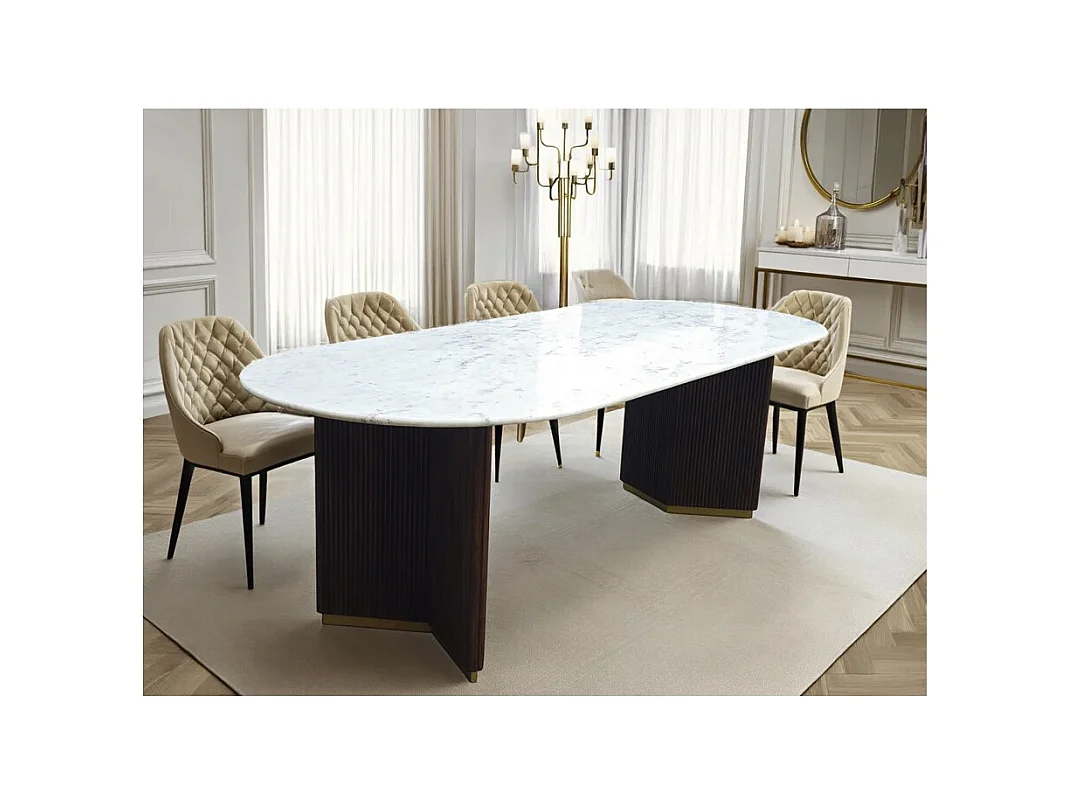 Table de salle à manger ORION – Ovale 240 cm – Plateau en marbre blanc – Pieds bois et métal – Style chic