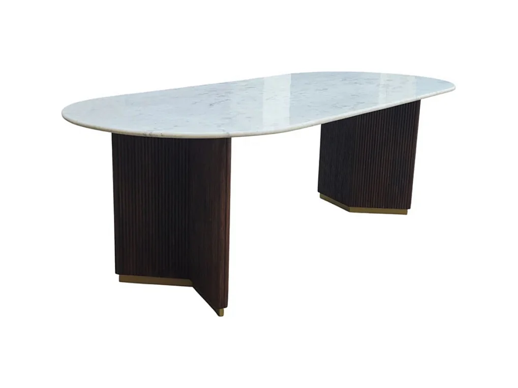Table de salle à manger ORION – Ovale 240 cm – Plateau en marbre blanc – Pieds bois et métal – Style chic